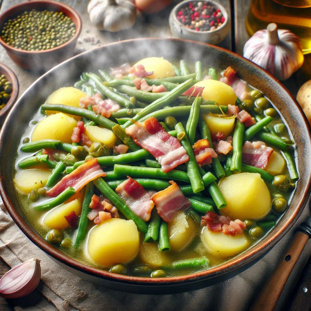 Bowl of Bouneschlupp green bean soup with potatoes, leek and bacon