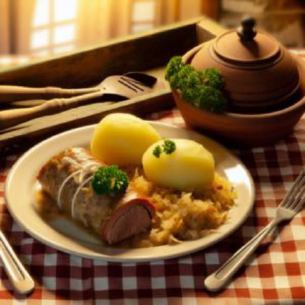 Luxembourgish cabbage roulades in cream sauce, garnished with parsley
