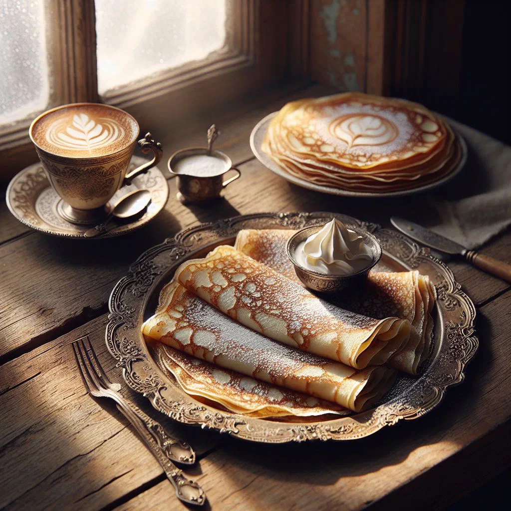 Folded Luxembourgish crêpes dusted with icing sugar and fresh berries