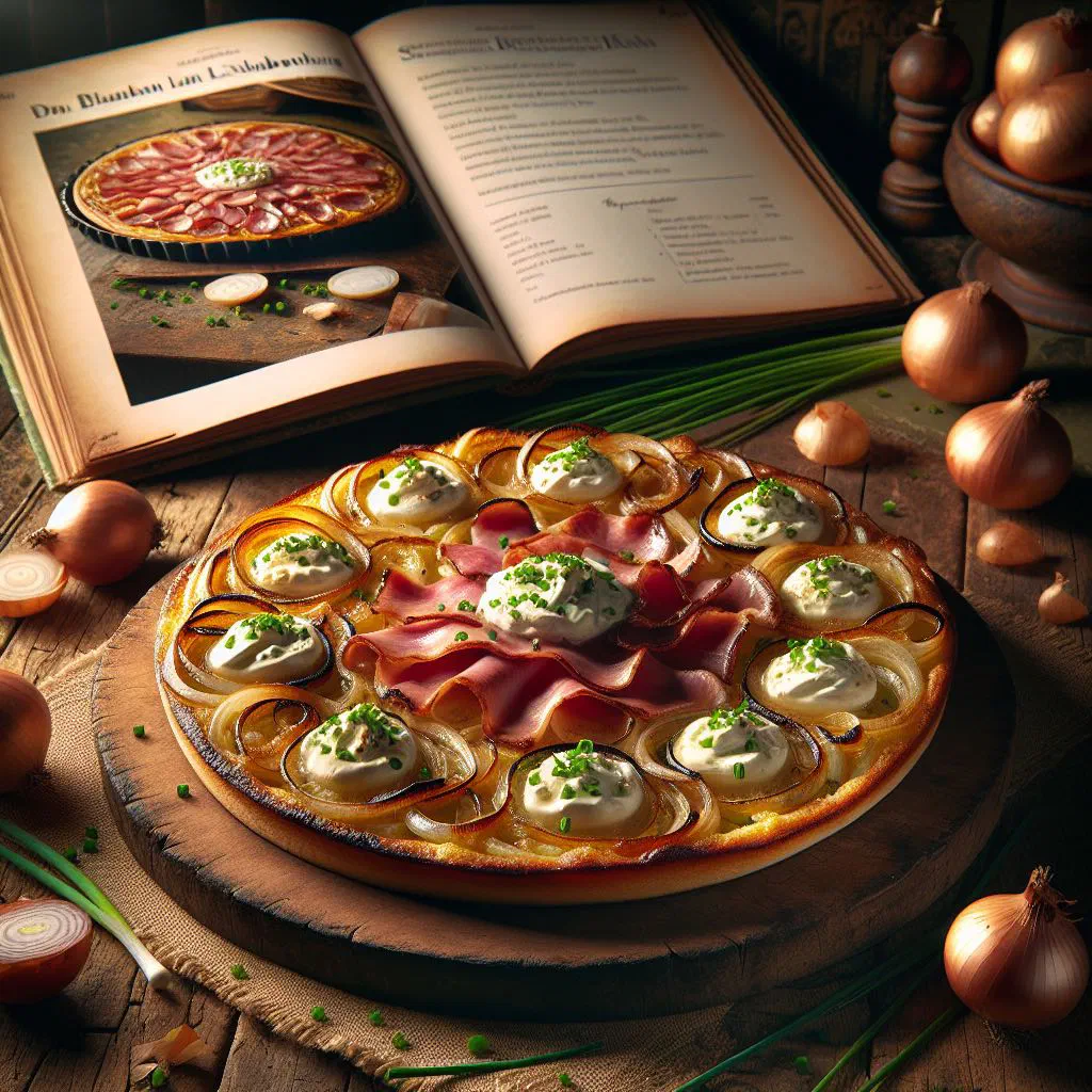 Crisp Flammkuch topped with bacon, onions and creamy quark, sliced on a wooden board