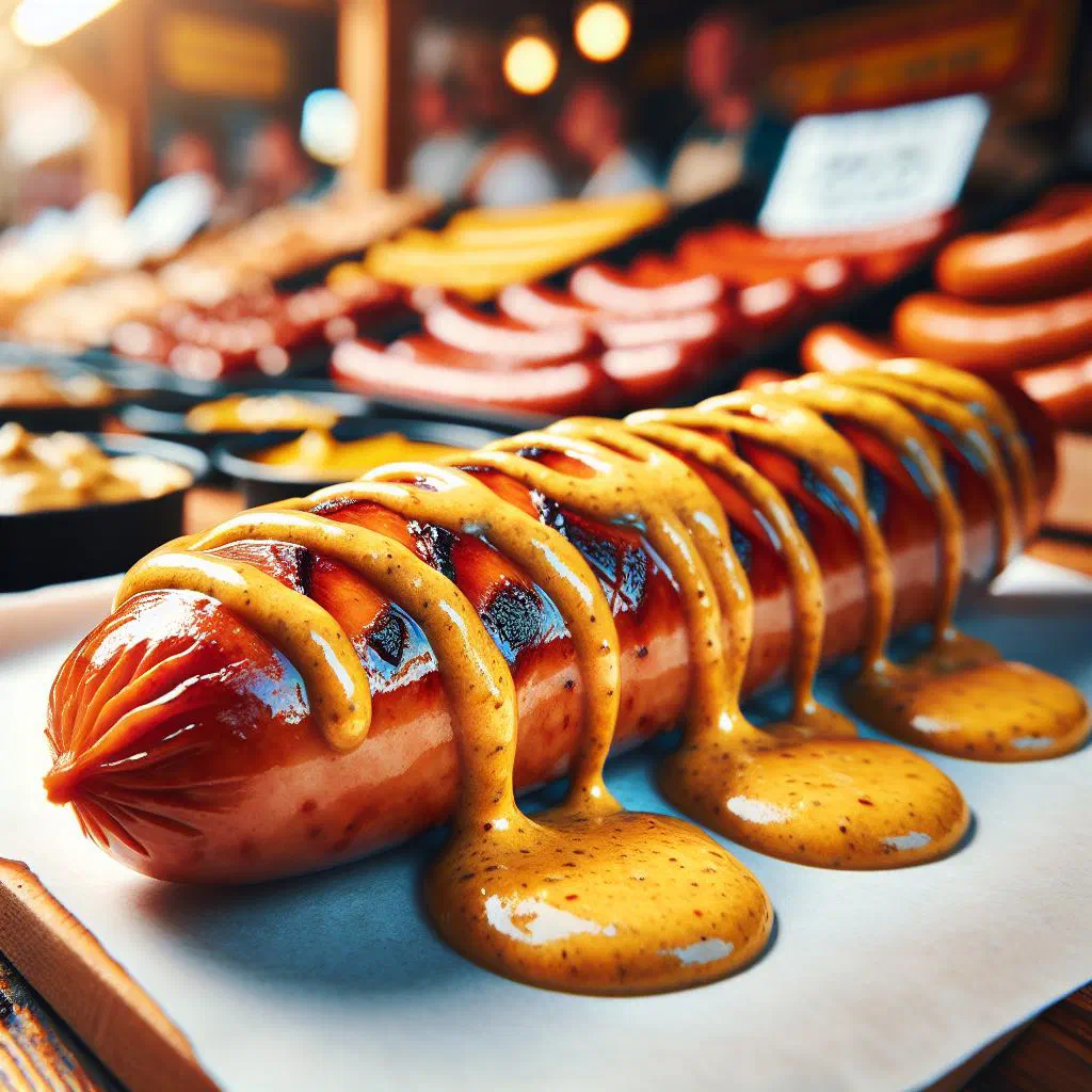 Grilled Luxembourgish sausages on a wooden board with a bowl of mustard sauce