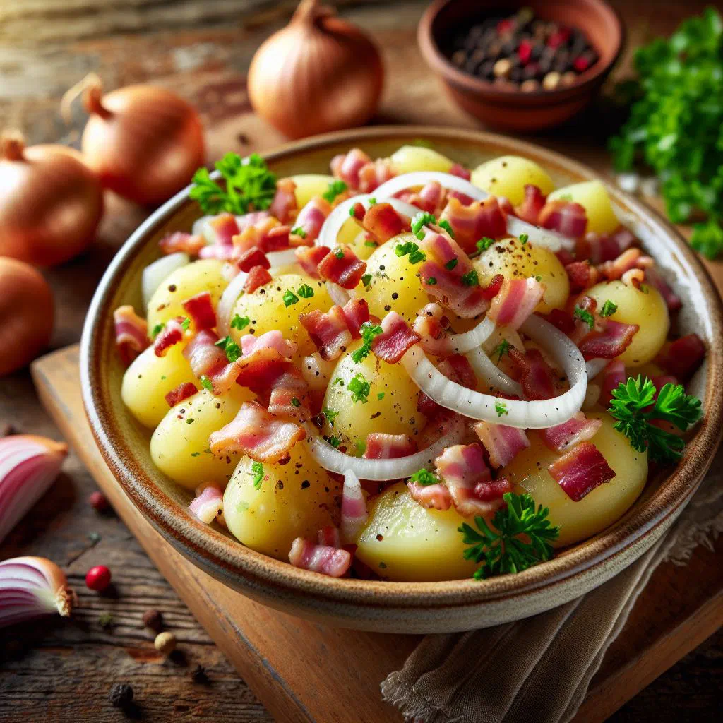 Luxembourgish potato salad with onion, vinaigrette and fresh parsley
