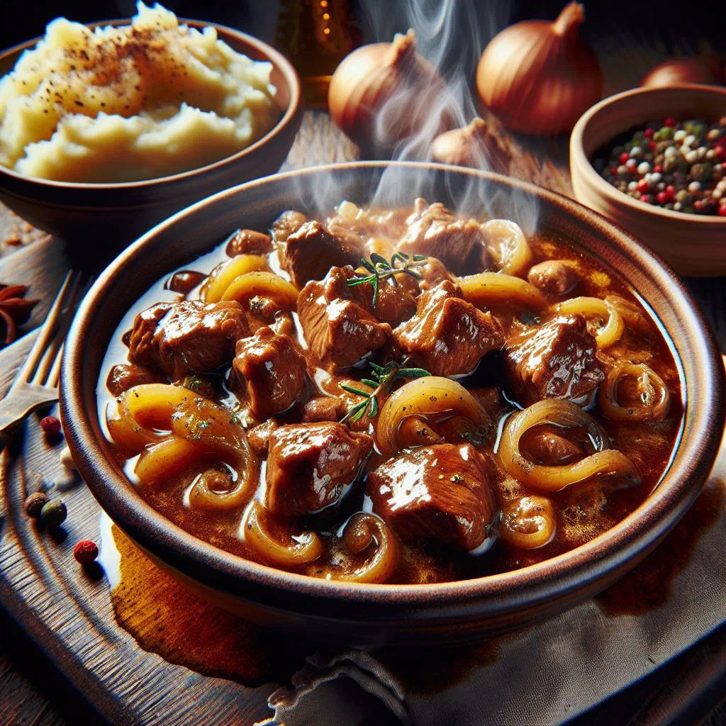 Rustic Luxembourgish lamb stew with carrots and herbs in a deep bowl