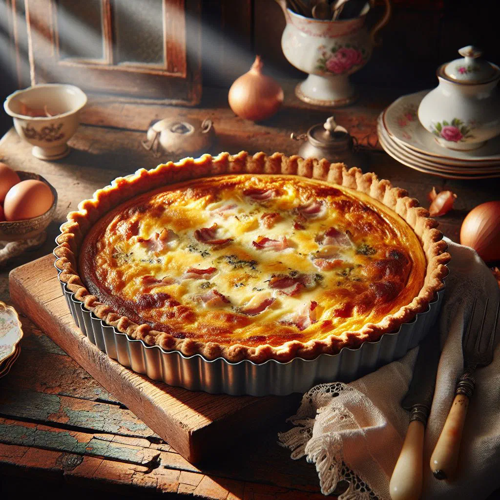 Golden-baked quiche Lorraine with a crisp pastry crust and creamy bacon filling