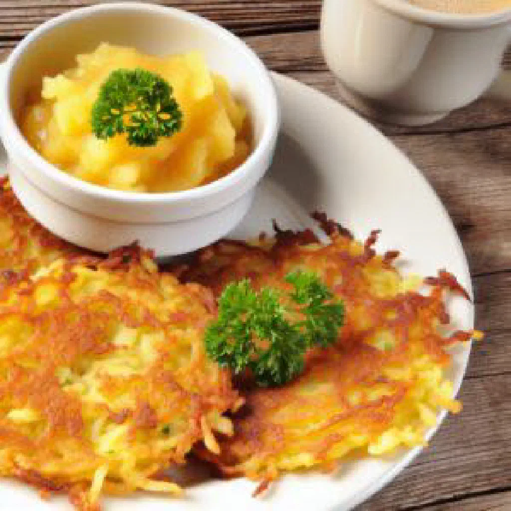 Golden Räifla potato fritters stacked on a plate