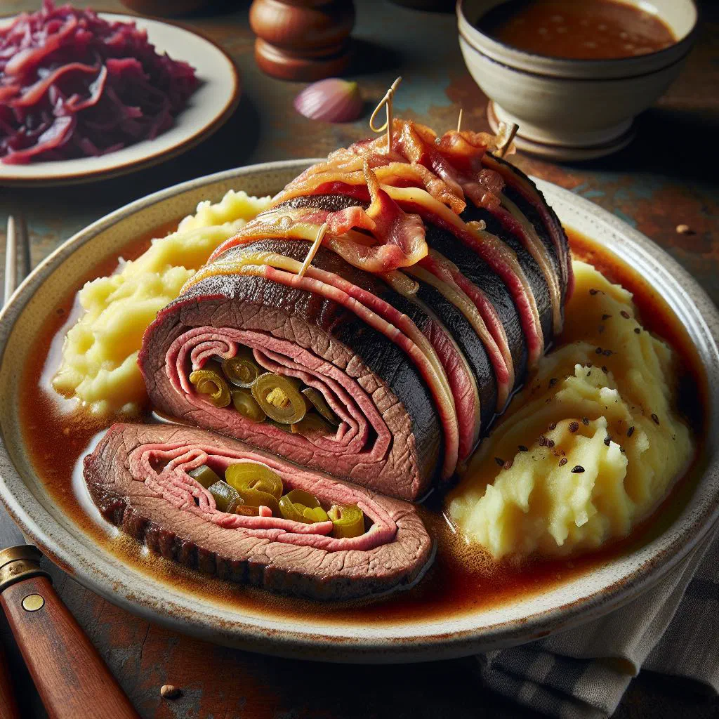 Sliced Luxembourgish rulladen with rich gravy and parsley