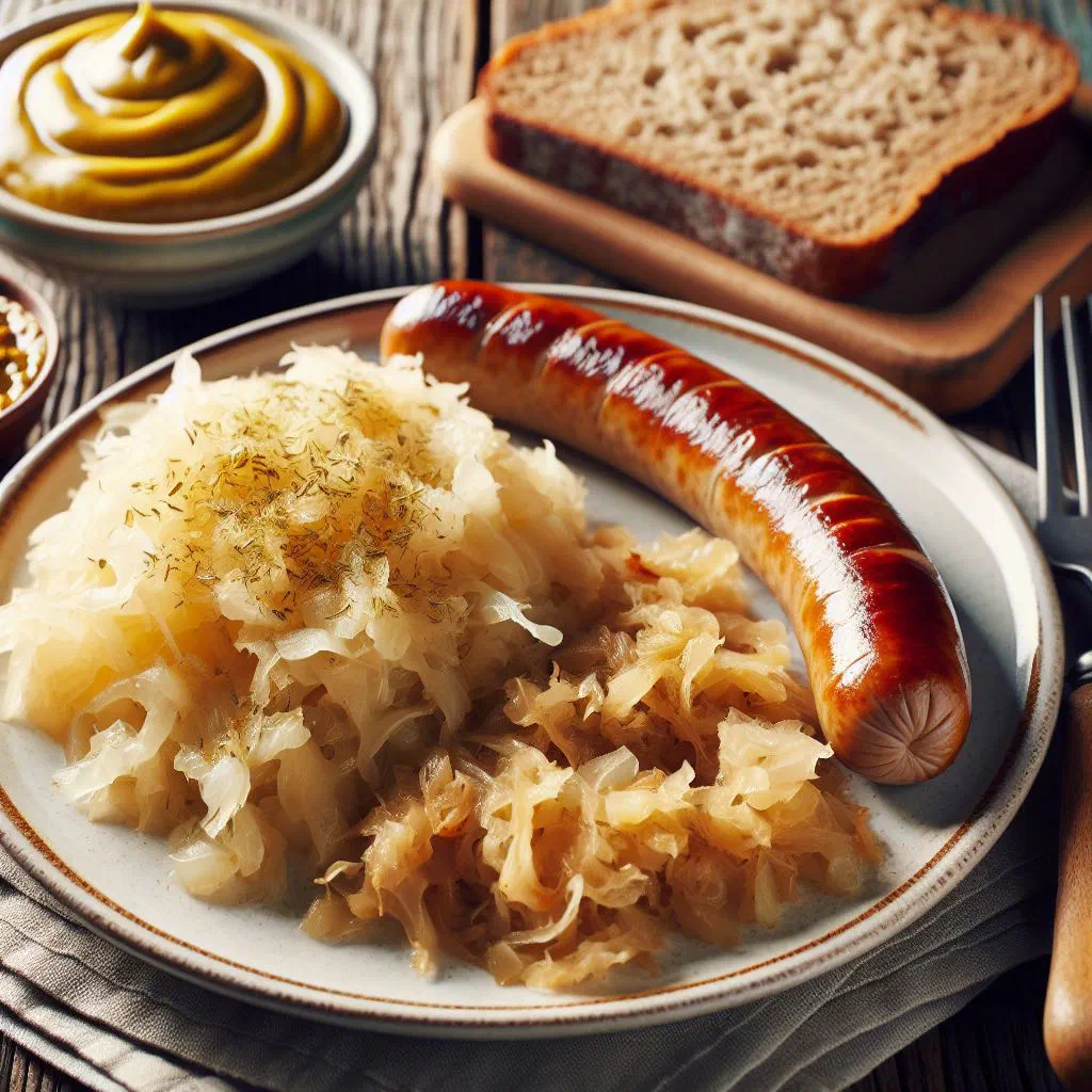 Braised sauerkraut with sliced sausages and caraway in a rustic bowl
