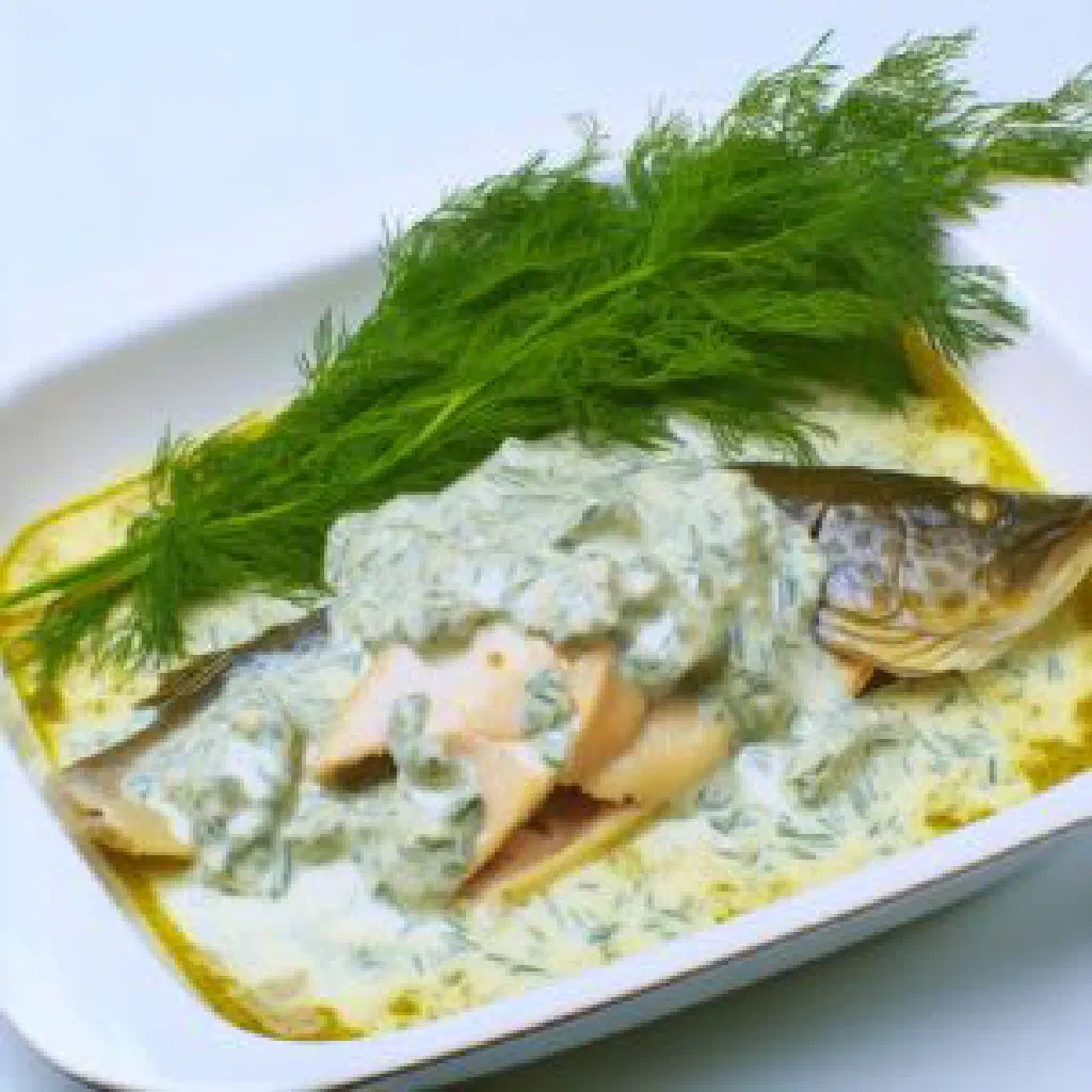 Pan-fried pike-perch fillet with creamy dill sauce and fresh dill sprigs