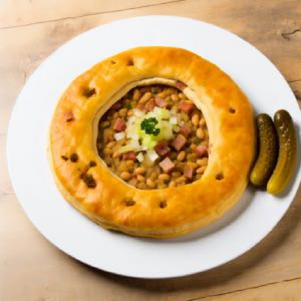 Golden-baked Zéiss Kuuch with a savoury bacon and onion filling