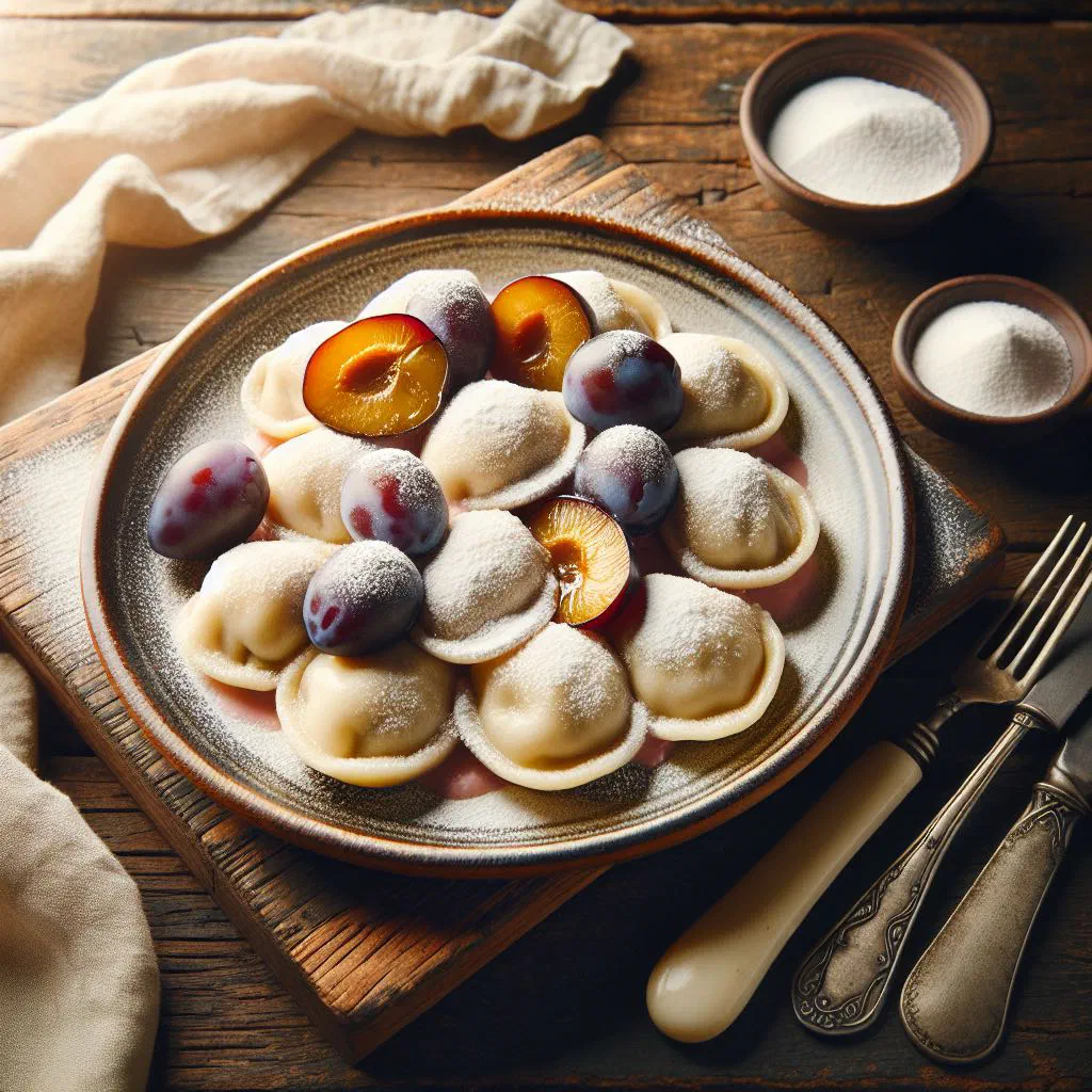 Zwetschgekniddelen plum dumplings tossed in buttered breadcrumbs and dusted with cinnamon