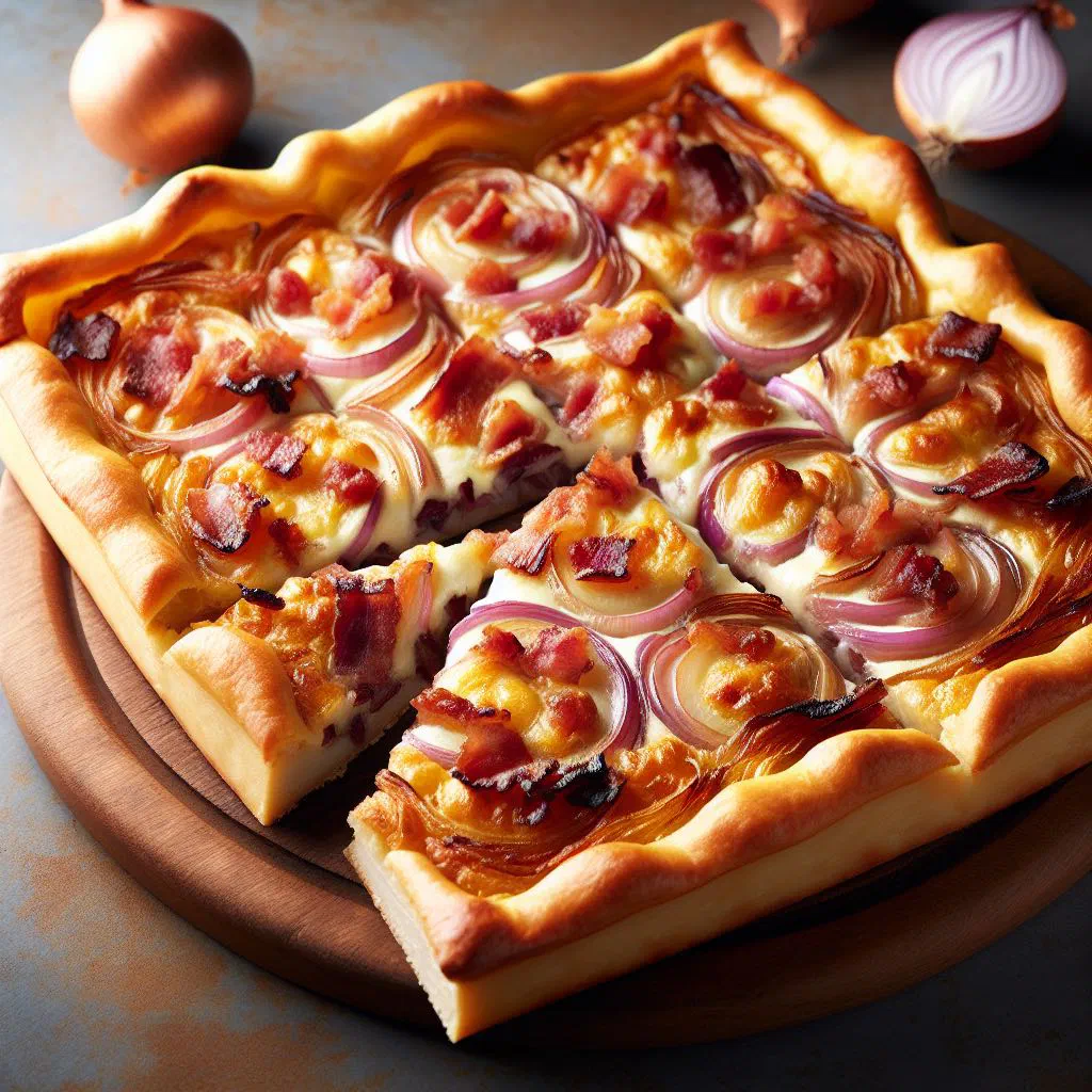 Golden onion tart with a crisp pastry base, cut into slices