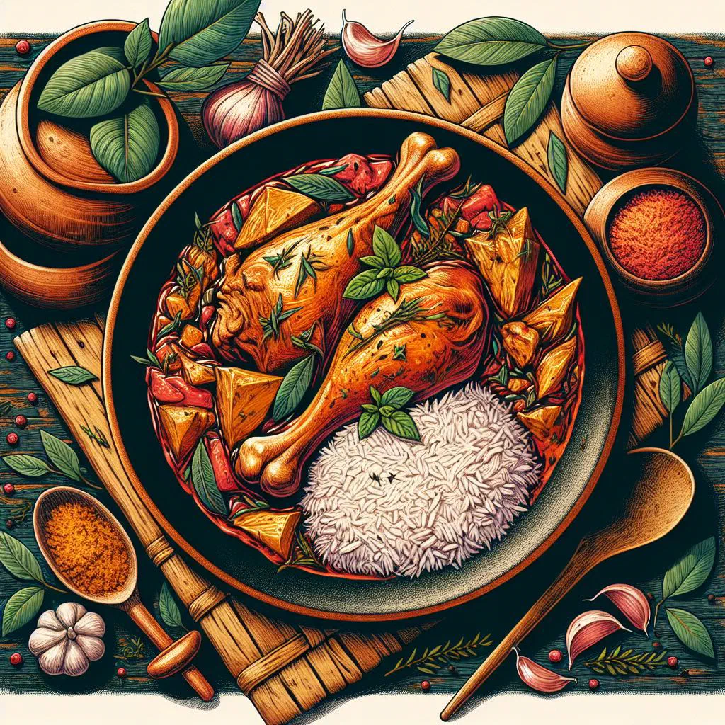 Malagasy ginger-and-garlic chicken garnished with fresh herbs