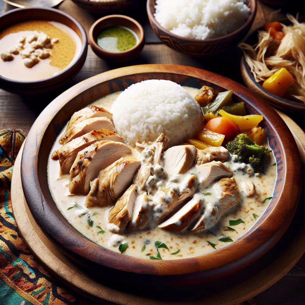 Tender chicken simmered in creamy coconut sauce, garnished with fresh coriander