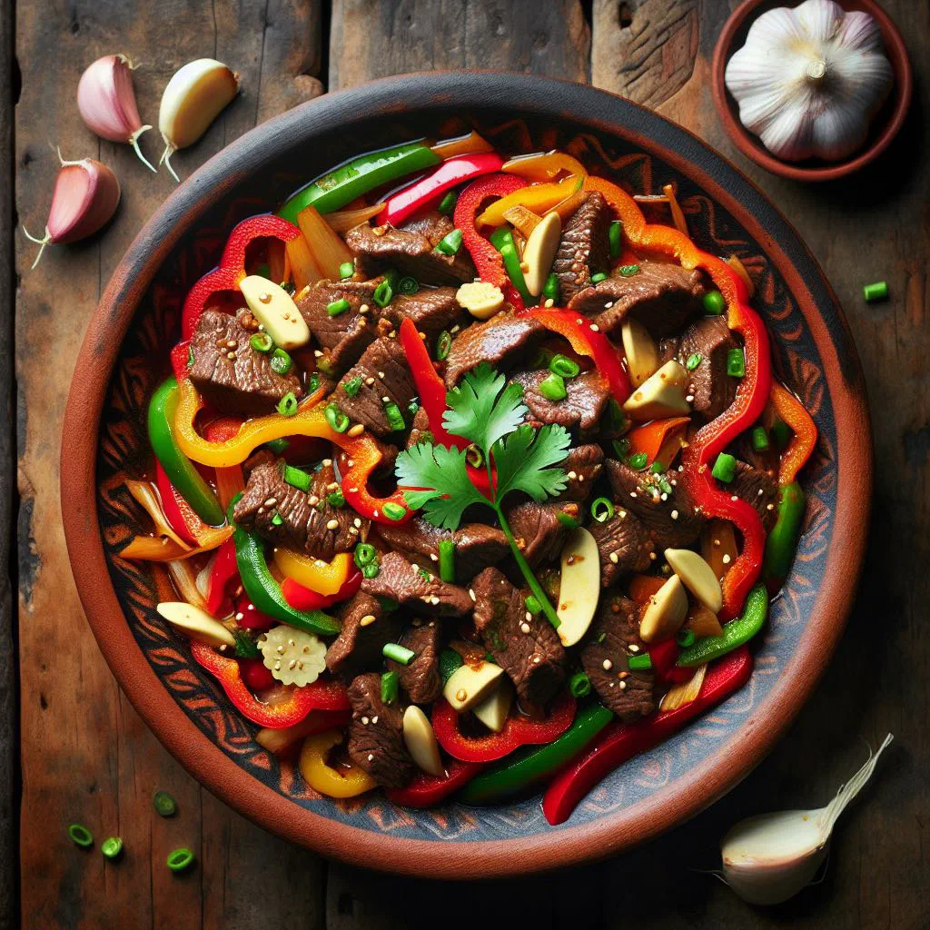 Malagasy beef curry with ginger in a rich coconut sauce, garnished with fresh herbs