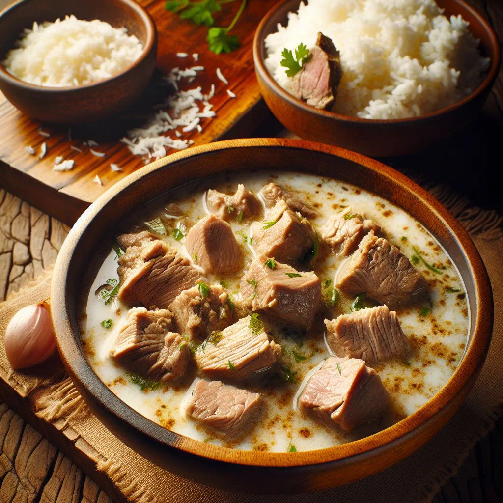 Tender pork simmered in creamy coconut sauce, served with rice and coriander