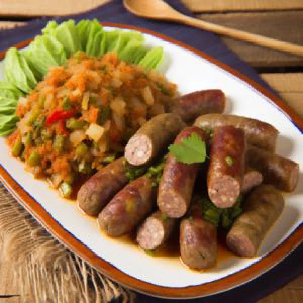 Grilled Malagasy sausages served over a fresh salad of tomato, cucumber and onion