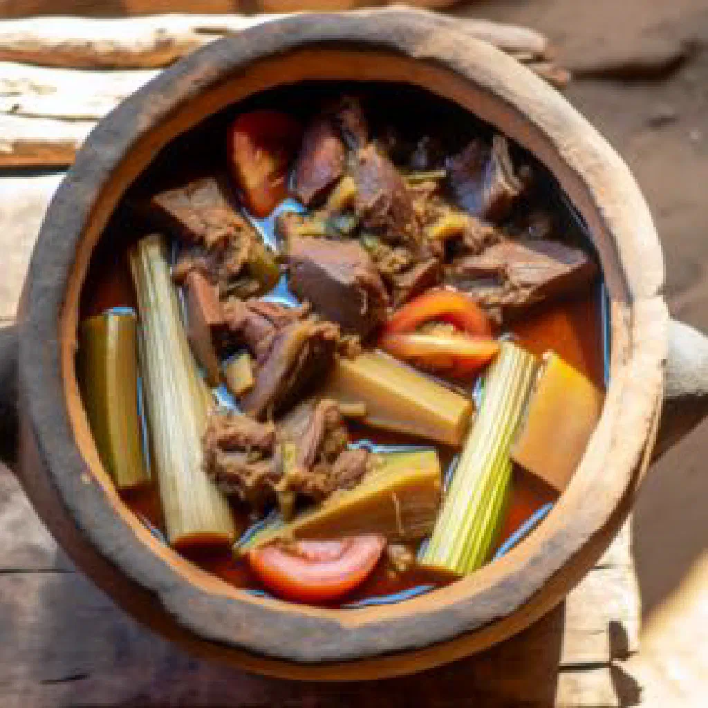 Tavoahangy with tender meat and colourful vegetables in a rustic bowl
