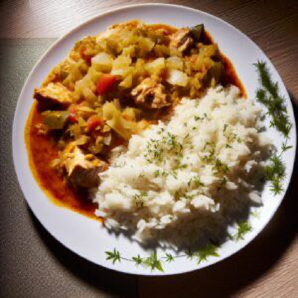 Tsimoka with rice, chicken and vegetables garnished with fresh coriander
