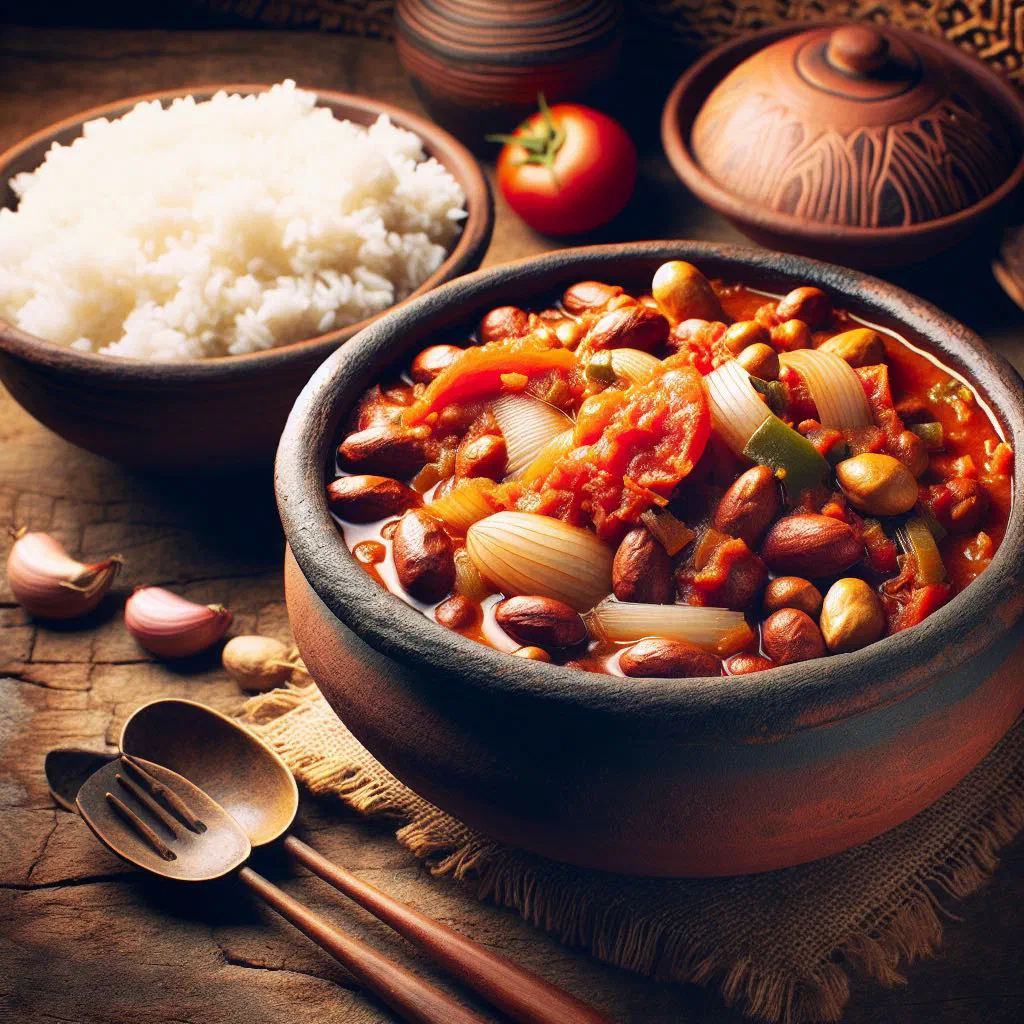 A bowl of Voanjobory, a Malagasy bean stew, served with rice