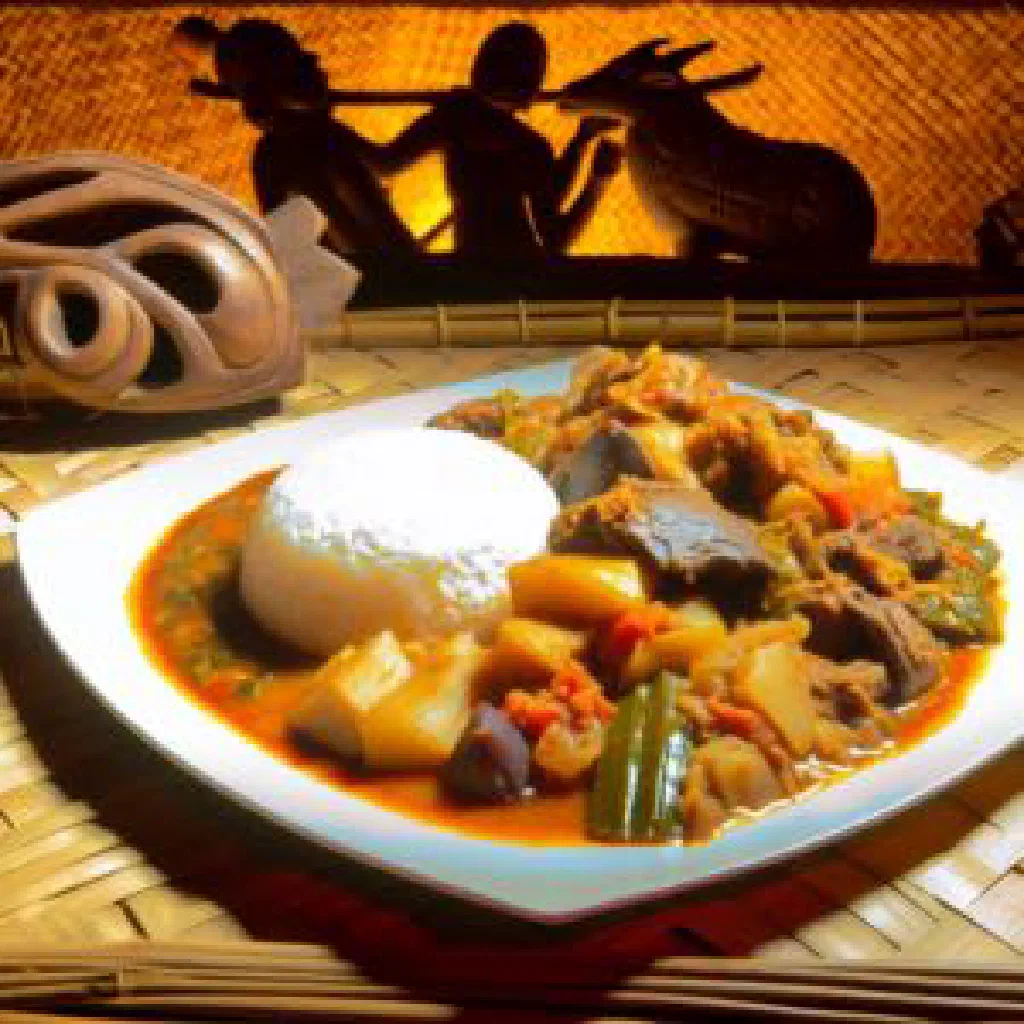 Bongo with coconut-simmered vegetables served over rice and fresh herbs