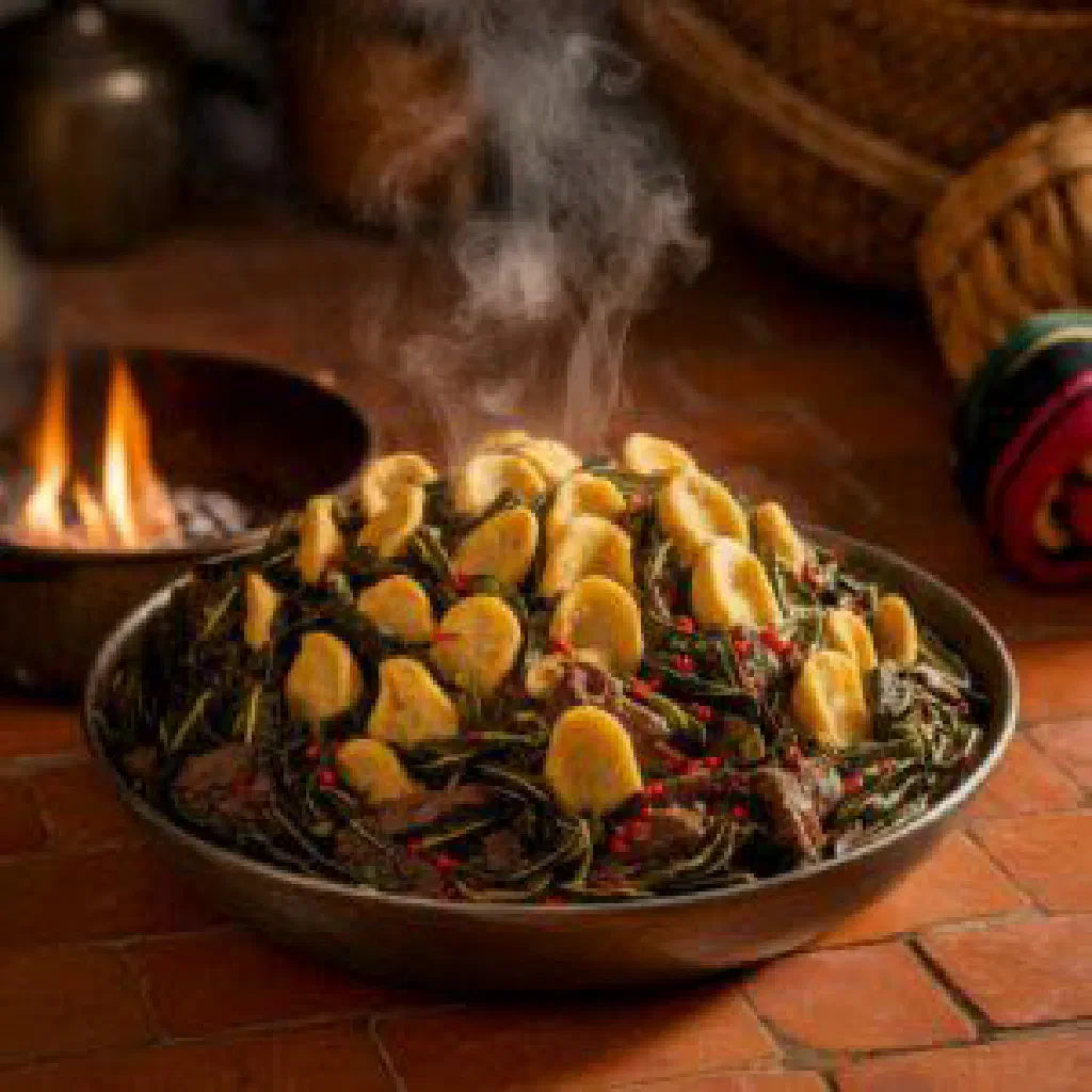 Bowl of mashed Malawian kholowa greens topped with roasted groundnuts