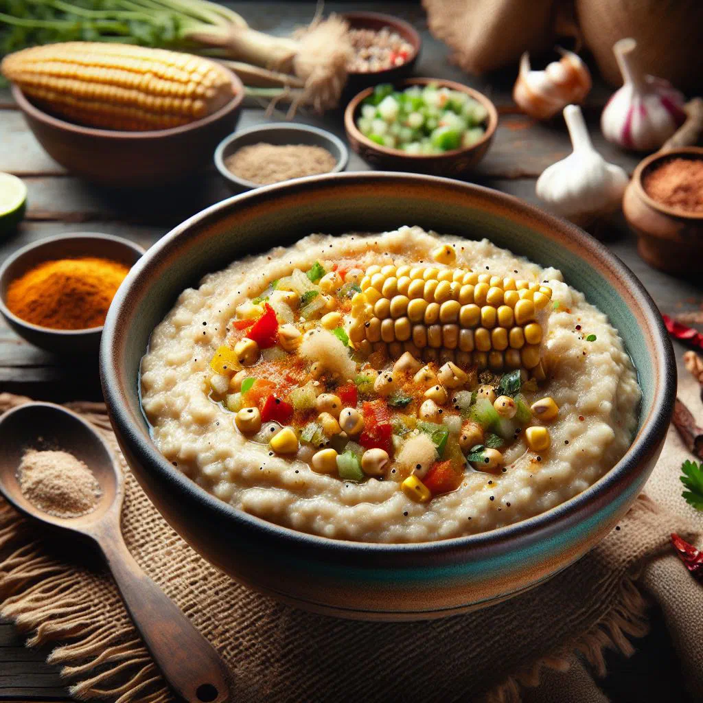 A bowl of creamy Mgaiwa Phala maize porridge topped with chopped groundnuts
