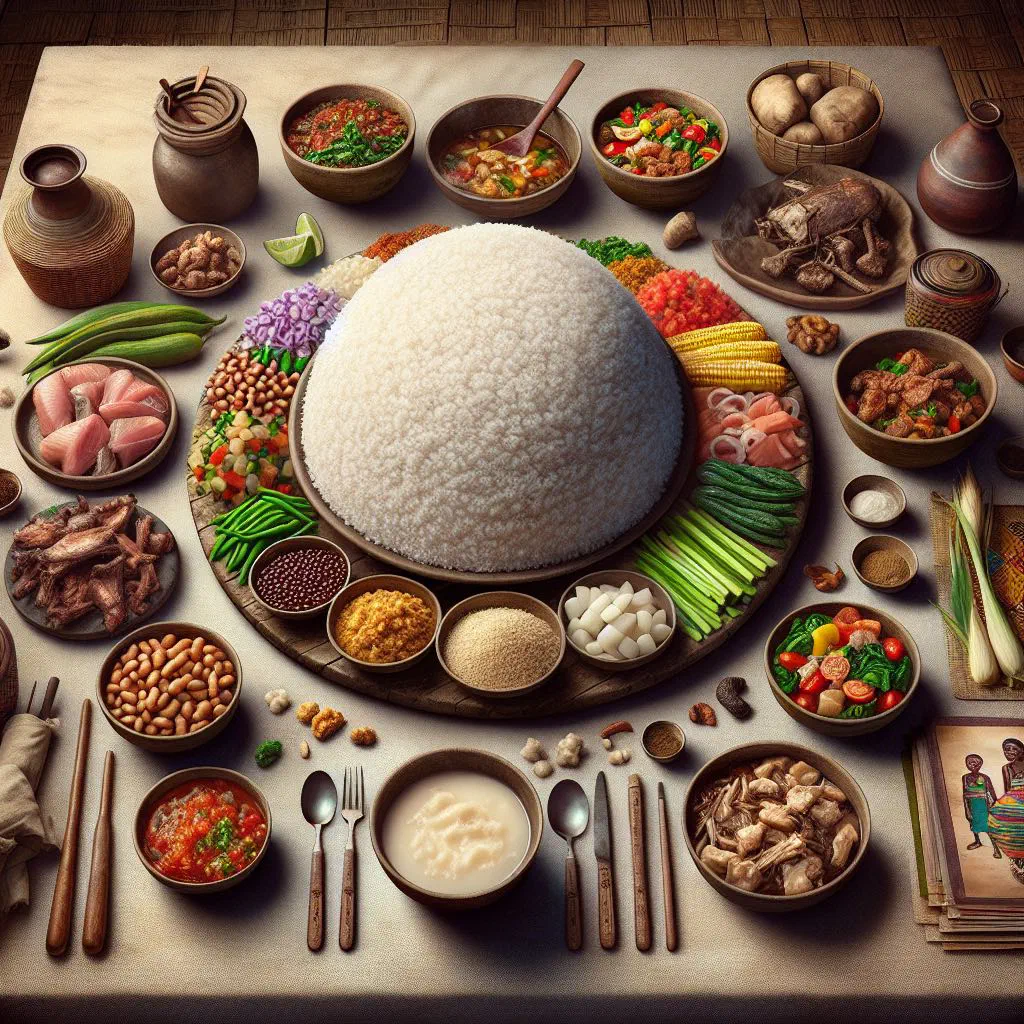 A bowl of fluffy white Mpunga rice served with fresh garnishes