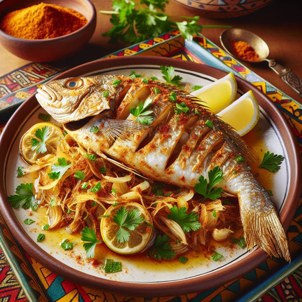Pan-fried chambo fish in a spiced tomato and pepper sauce, garnished with fresh coriander