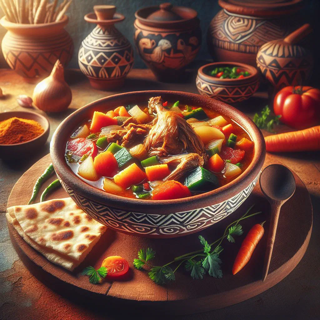 A bowl of Malawian nandolo stew with beans, groundnuts and fresh vegetables