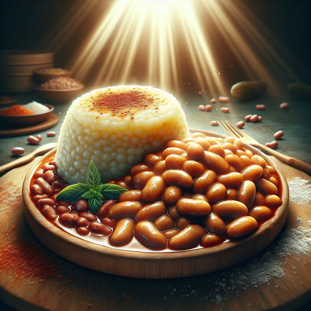 A serving of creamy white nsima maize porridge with a portion of cooked beans on the side