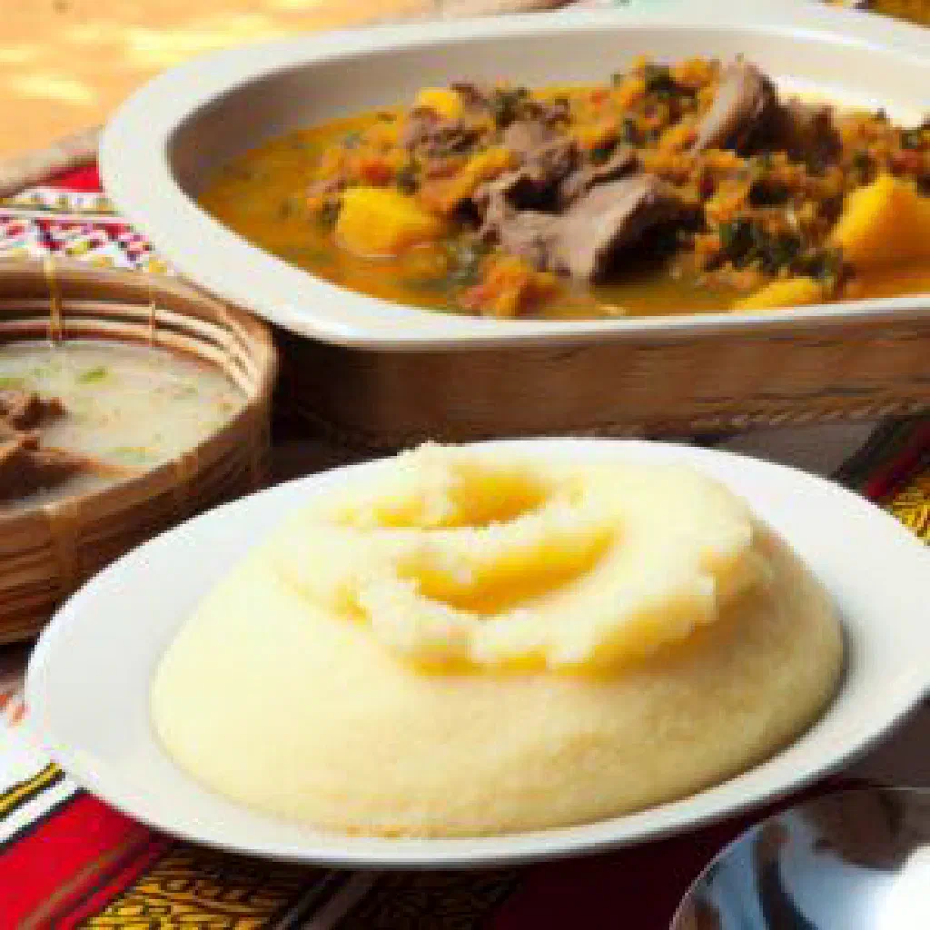 A moulded portion of white sima maize porridge on a plate
