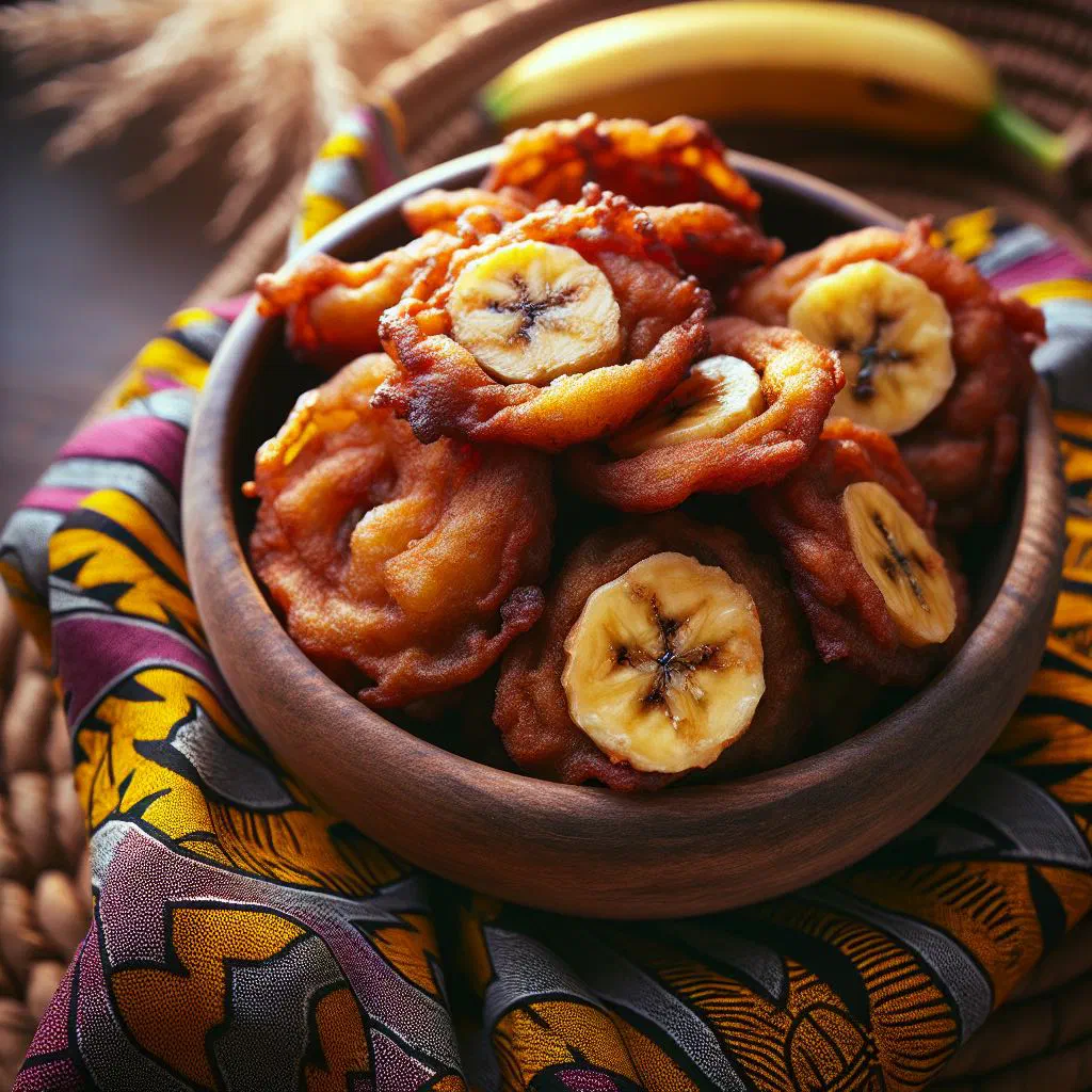 Golden deep-fried Zitumbuwa banana fritters piled on a plate
