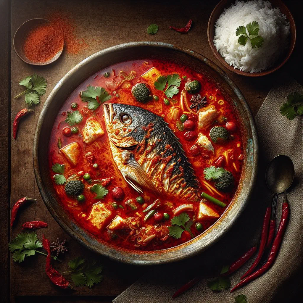 Asam pedas fish simmered in a spicy red tamarind sauce