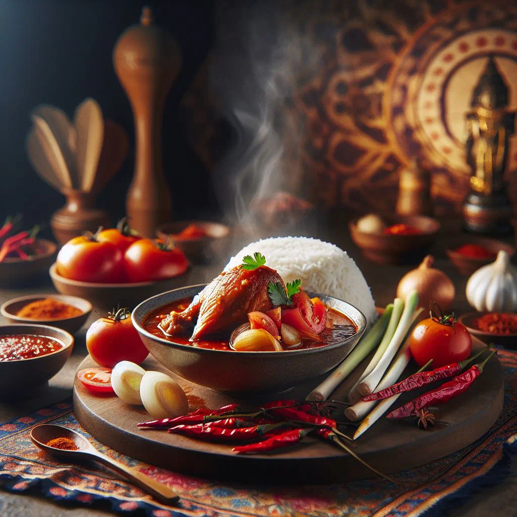 Ayam masak merah — tender chicken pieces in a rich red tomato sauce garnished with fresh coriander