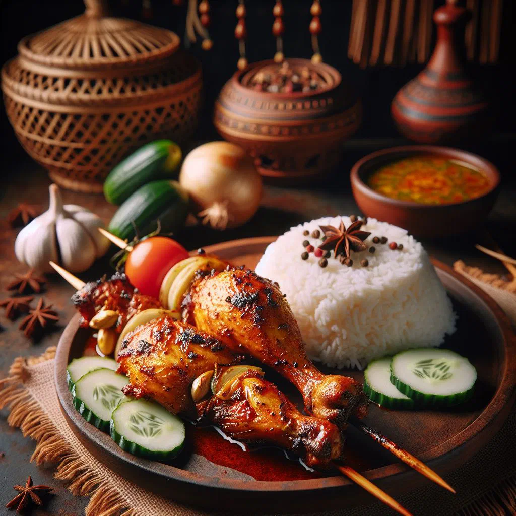 Grilled ayam percik chicken glazed with spiced coconut marinade and garnished with fresh coriander
