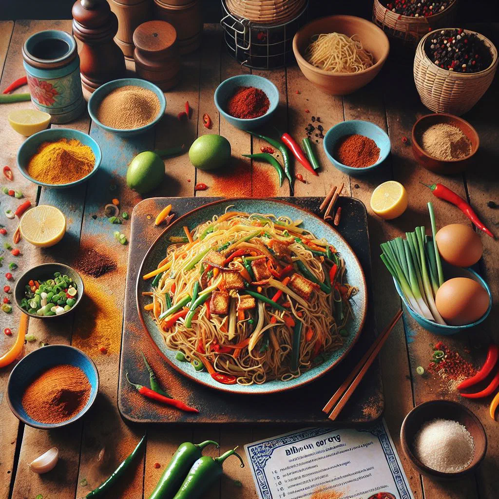 Stir-fried bihun goreng rice noodles with vegetables and spring onions