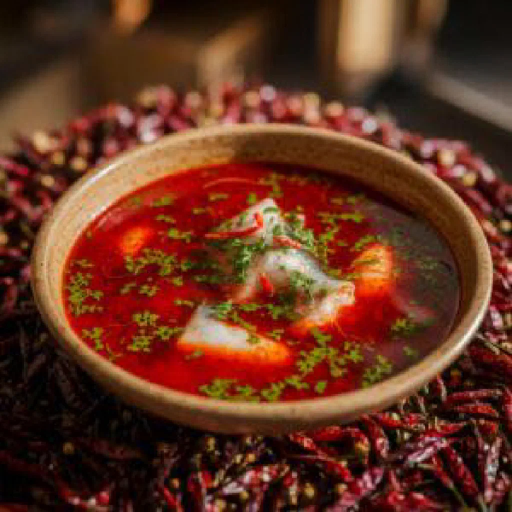 Bubu asam with fresh fish simmered in a tangy tomato and lime sauce, garnished with coriander