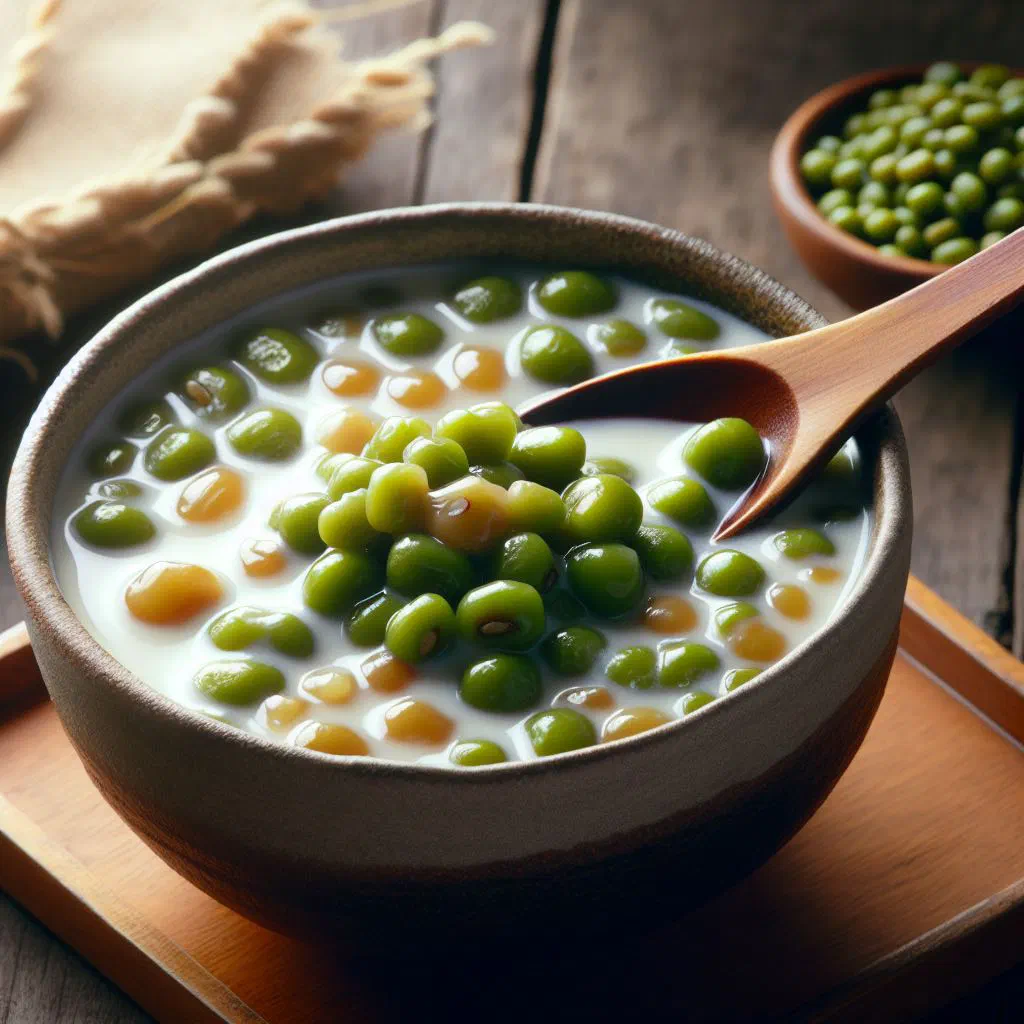 Bowl of creamy mung bean porridge with coconut milk and palm sugar