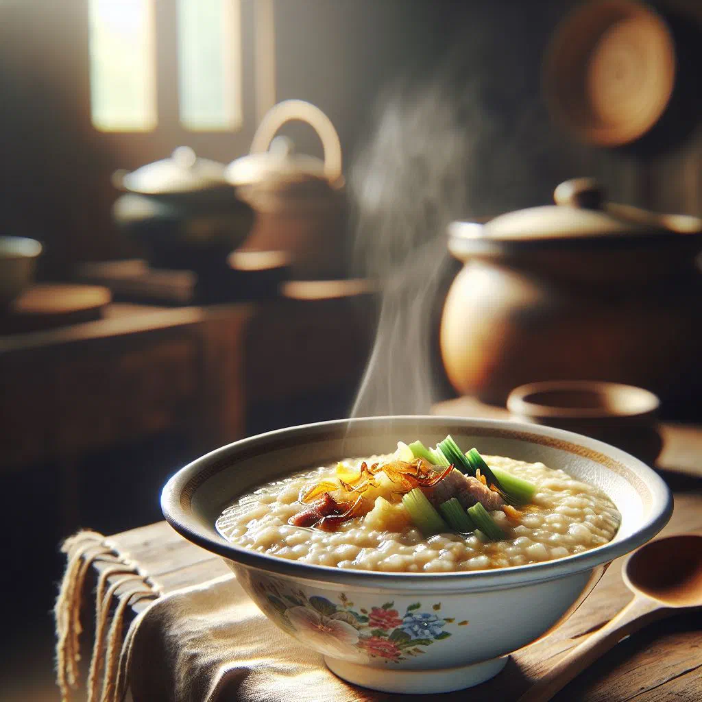 Bowl of bubur lambuk rice porridge garnished with fresh herbs and nuts
