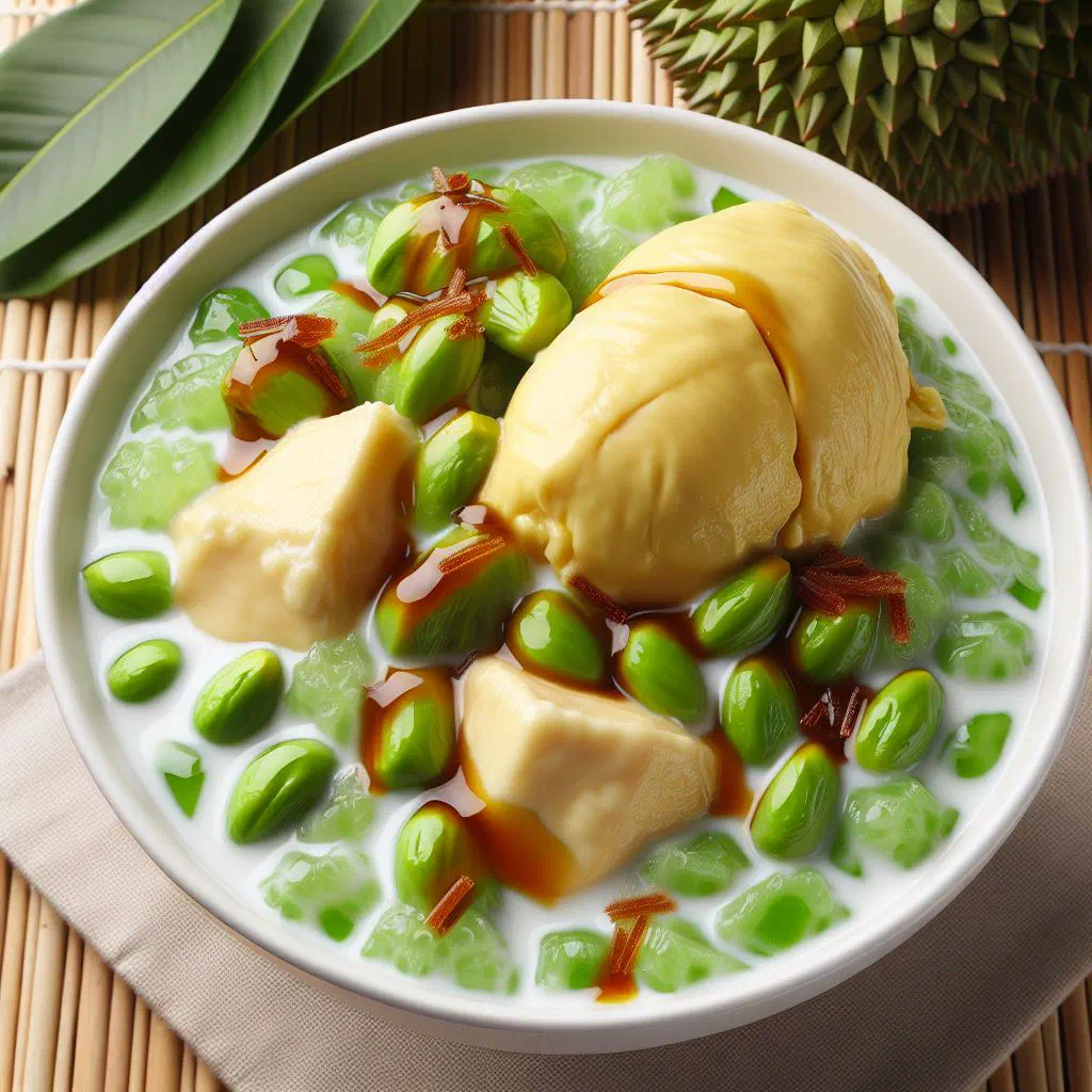 Cendol durian with green rice-flour noodles, durian and coconut milk in a glass bowl