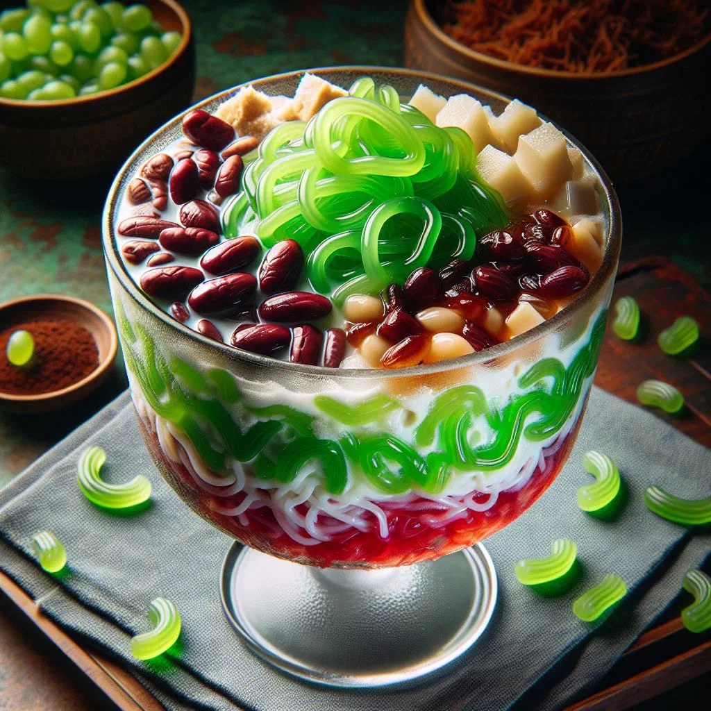 Bowl of cendol with green pandan noodles, shaved ice, coconut milk and palm sugar syrup