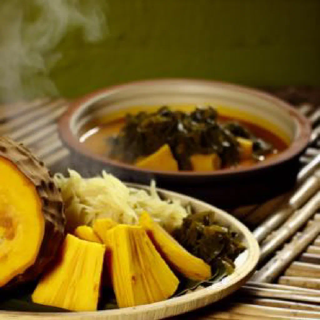 Maldivian banbukeyo riha curry in coconut milk with fresh coriander and lime