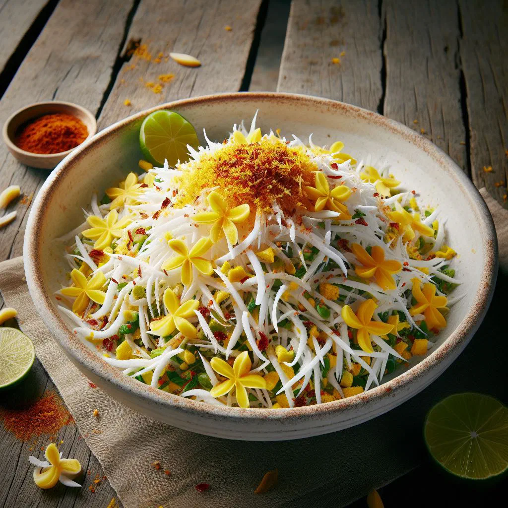 Bowl of boshi mashuni with grated pumpkin, fresh coconut and green chilli