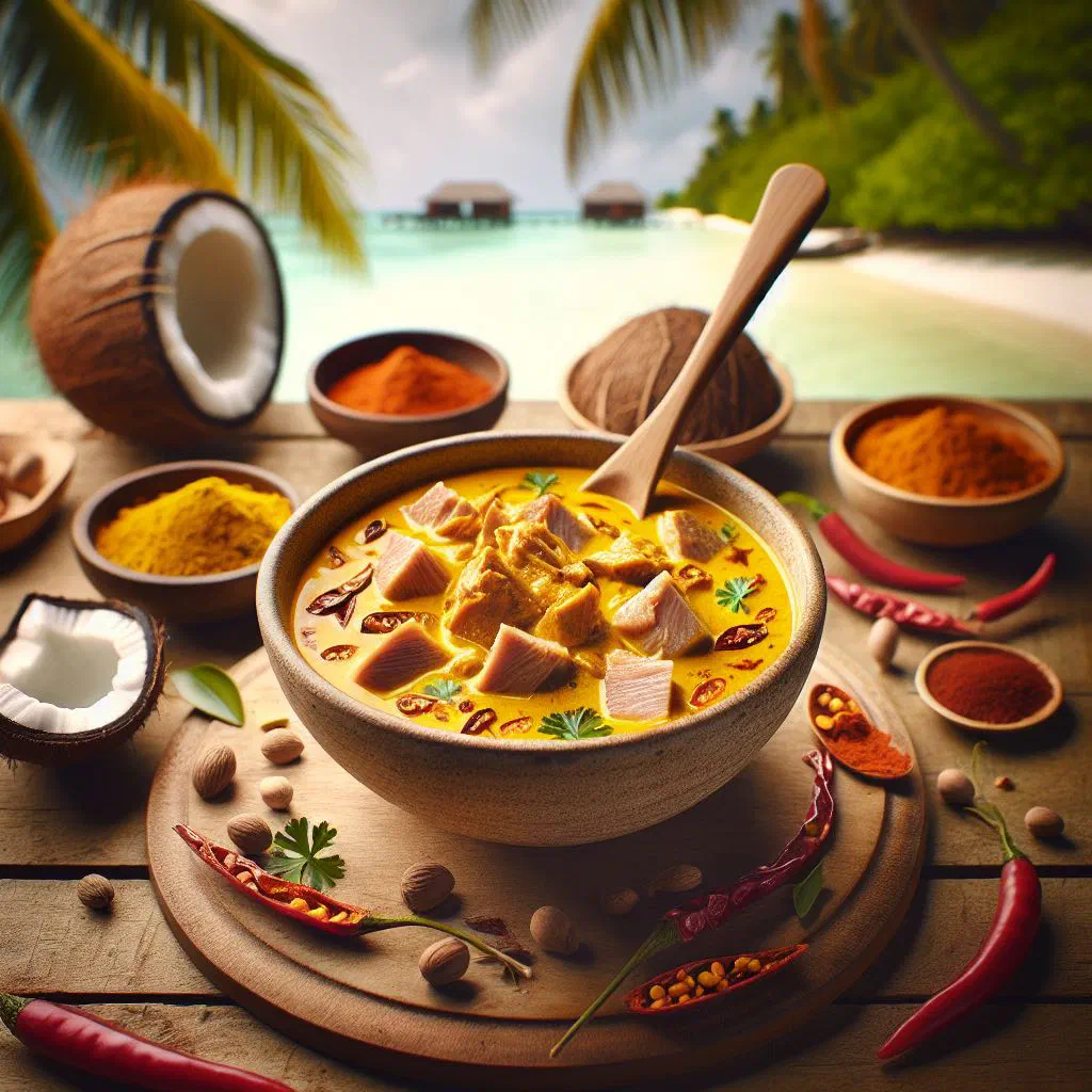 Maldivian fish curry in coconut milk garnished with fresh coriander