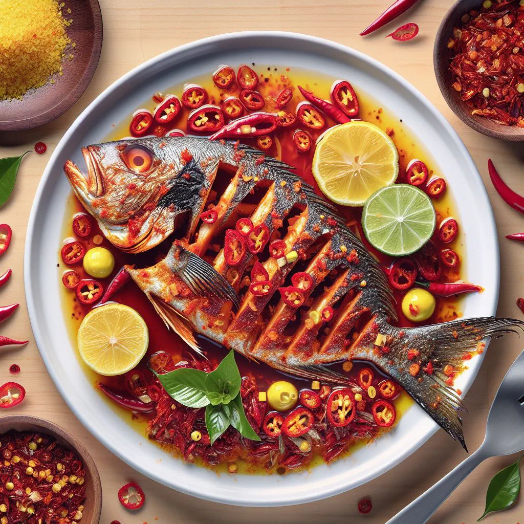 Grilled marinated fish fillets with lemon wedges and fresh herbs
