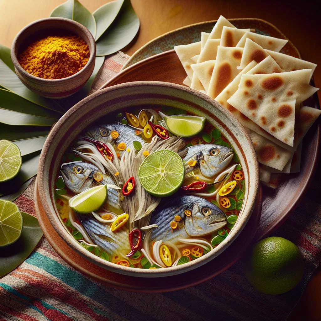 Clear Maldivian fish broth with tuna, onion rings and lime wedges