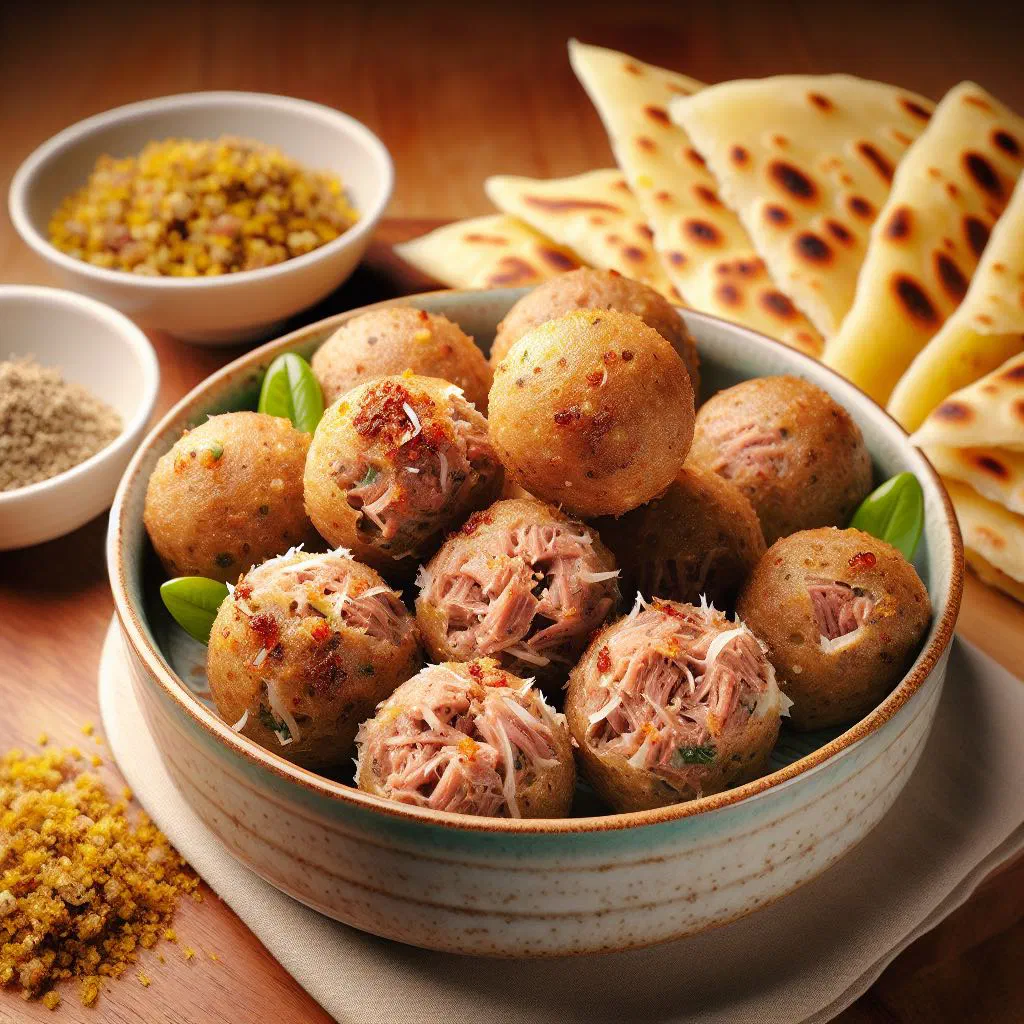 Golden fried Maldivian gulha mas fish balls on a plate
