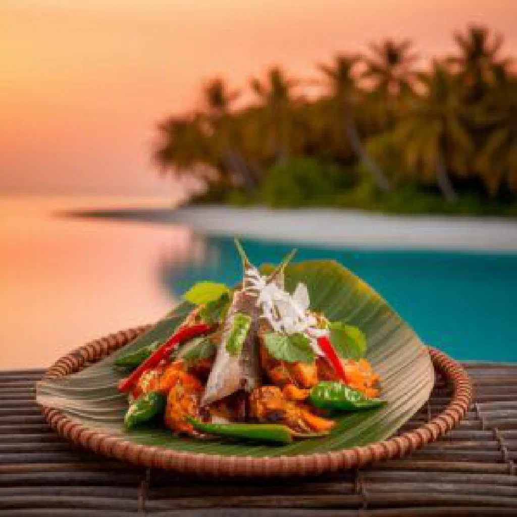 Maldivian seafood rice with prawns, peppers and fresh coriander