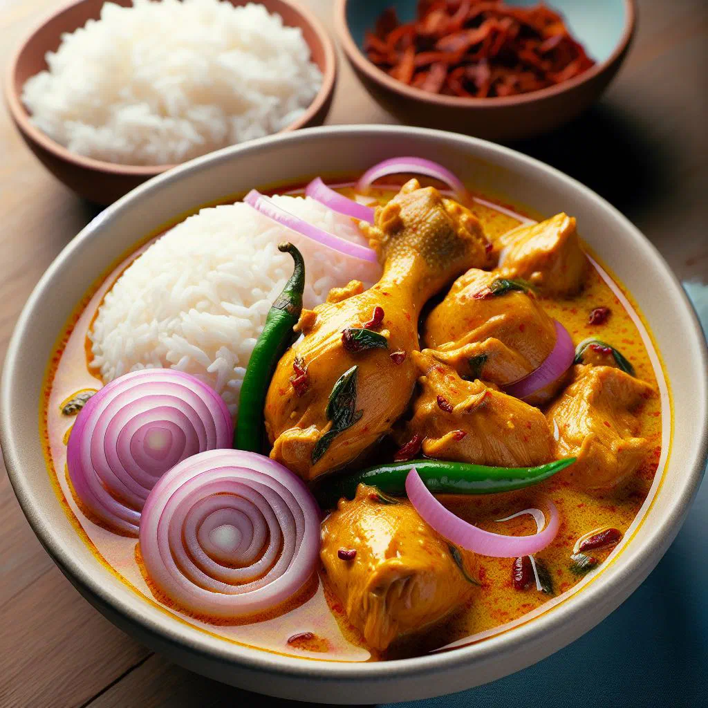 Maldivian chicken curry in a bowl with coconut sauce and fresh coriander