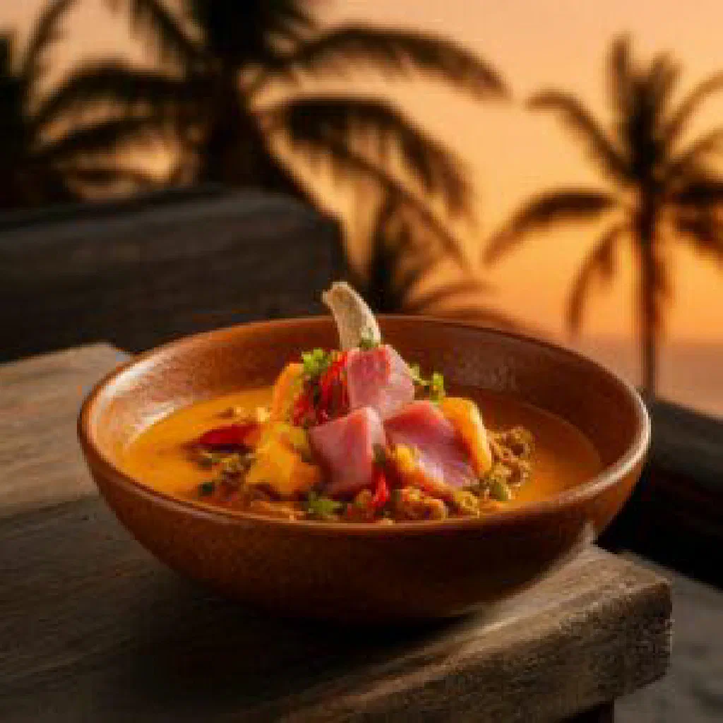 Maldivian valhomas curry with seafood in coconut sauce, served with rice